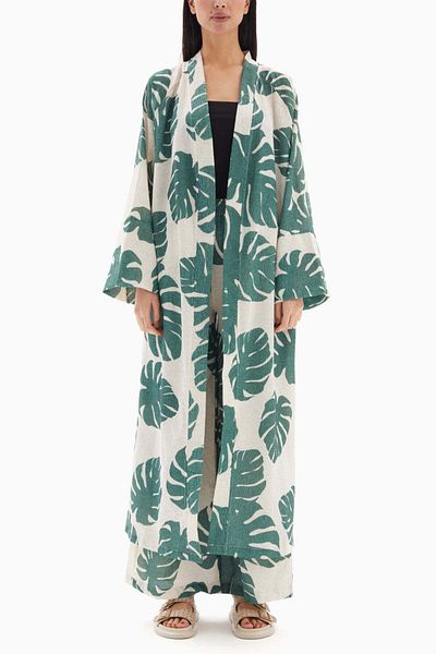 wecre8 Beige/Green Leaf Printed Set of Kimono with Trousers By WECRE8