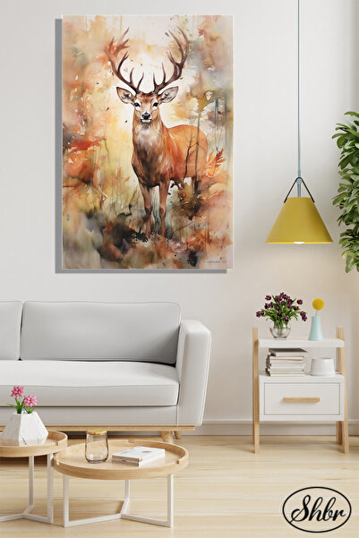 Şehber Tekli Dikey Kanvas Dekoratif Duvar Tablosu Bej Tonlarda Büyük Boynuzlu...