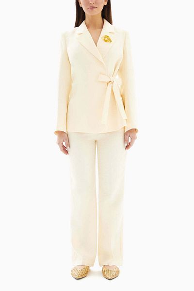 wecre8 Cream White Set of Brooch Blazer Jacket and Trousers By WECRE8