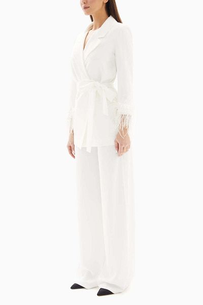 wecre8 White Set of Feathered Blazer Jacket and Trousers By WECRE8