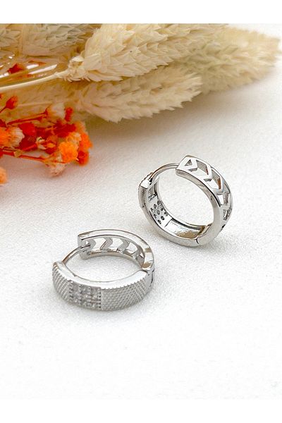 Siya Silver Zircon Stone Patterned Steel Hoop Earrings