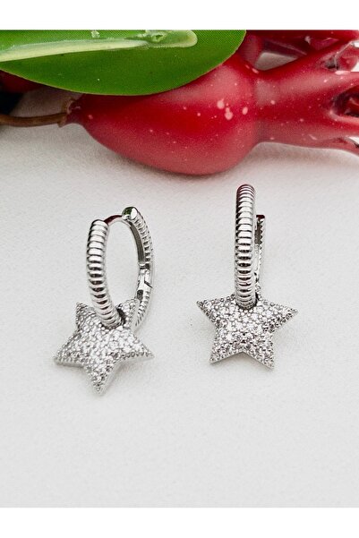 Siya Silver Zircon Stone Paved Star Dangle Steel Earrings