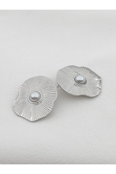 Siya Silver Pearl Patterned Asymmetric Model Tarnish-Free Steel Earrings