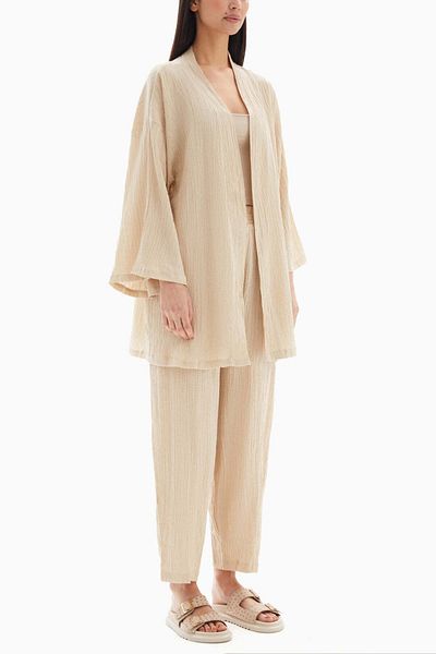wecre8 Beige Textured Set of Kimono with Trousers By WECRE8
