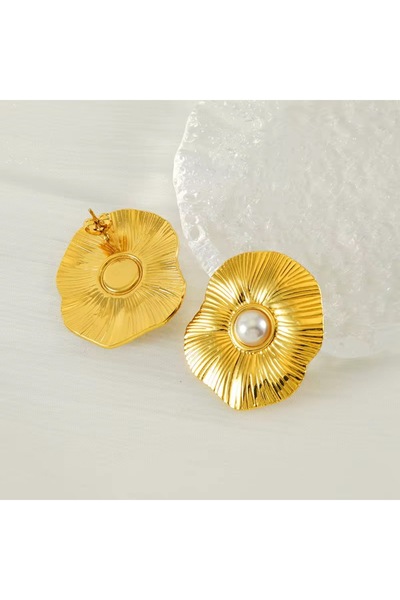 Siya Silver İncili Desenli Asimetrik Model Kararmaz Çelik Küpe