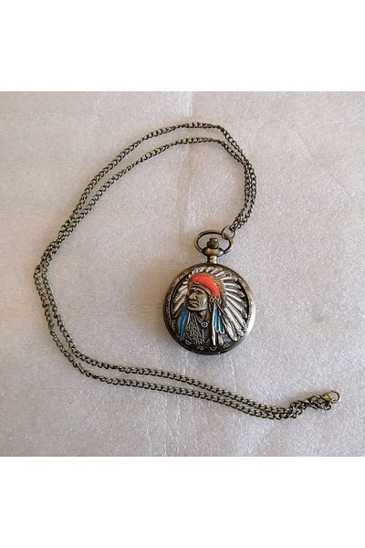 Butik Tülin Unisex Authentic Bronze Multicolor Enamel Indian Chief with Head Shackle Pocket Watch Necklace Made in Thailand