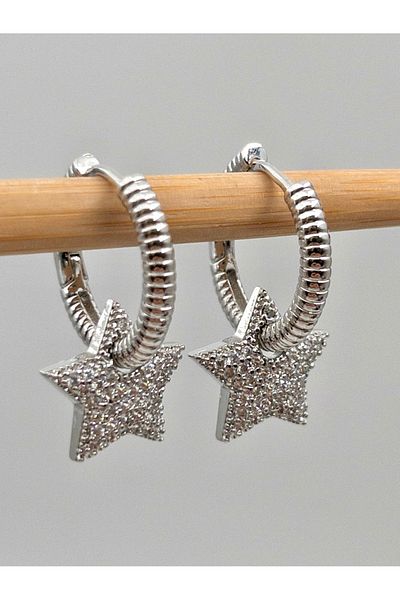 Siya Silver Zircon Stone Paved Star Dangle Steel Earrings