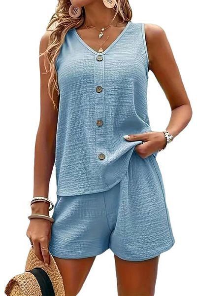 BAYAN Strapless Sleeveless V-Collar Front Buttoned Wrap Bluz and Short Double Set