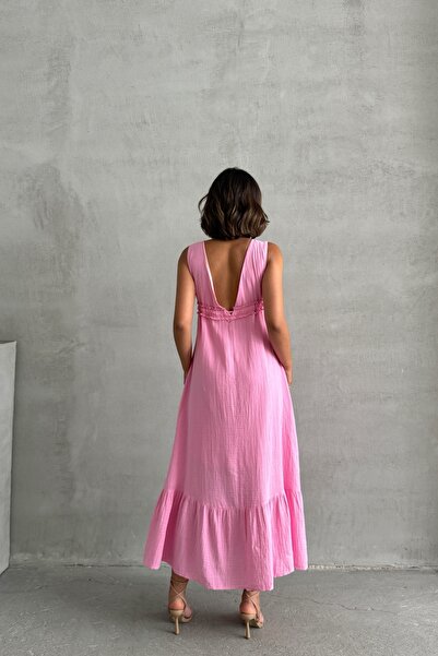 Lusin Women's Pink Strap Muslin Fabric Lined Summer Premium Sleeveless Midi Dress