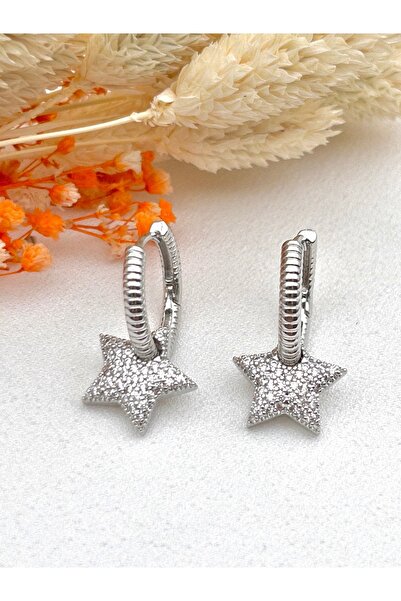 Siya Silver Zircon Stone Paved Star Dangle Steel Earrings