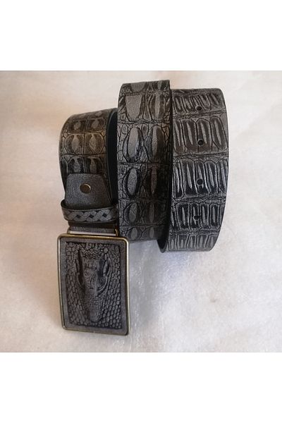 Butik Tülin Unisex Faux Leather Gray Croco Printed Bronze Crocodile Head Cowboy Buckle Belt Made in Thailand