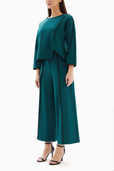 wecre8 Teal Asymmetrical Set of Cropped Top and Trousers By WECRE8