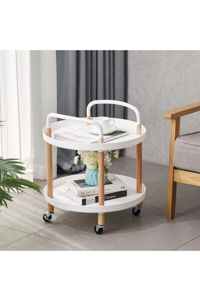 Lawazim 2-Tier Round Side Table - White End Table with Wheels & Handles for Living Room or Bedroom
