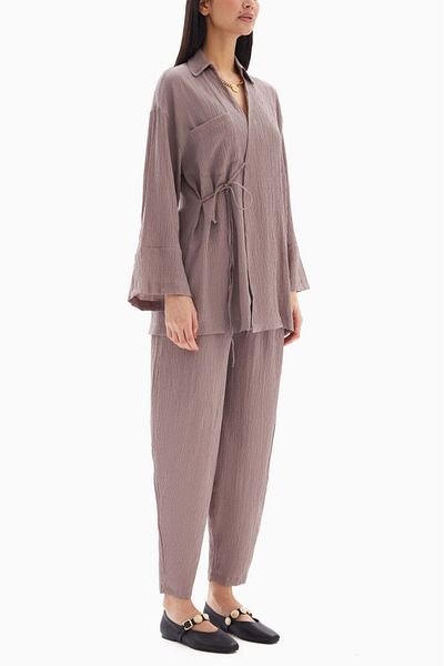 wecre8 Light Brown Textured Set of Blouse with Trousers By WECRE8