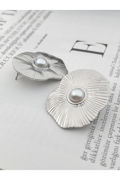 Siya Silver Pearl Patterned Asymmetric Model Tarnish-Free Steel Earrings