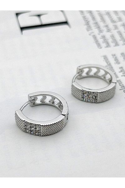 Siya Silver Zircon Stone Patterned Steel Hoop Earrings