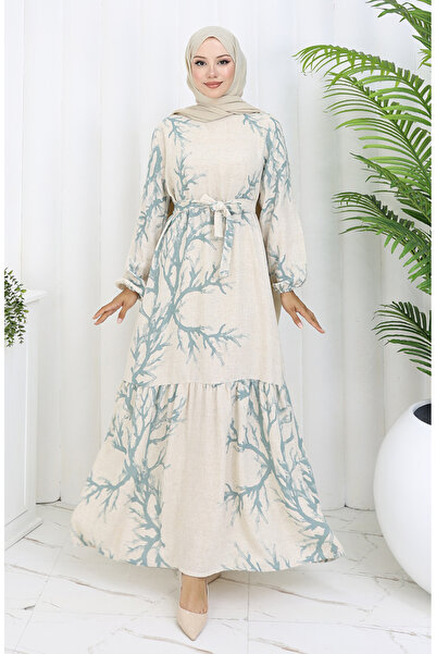 sefamerve Φόρεμα με μοτίβο λινό 2087-05 Μπεζ Çağla Πράσινο