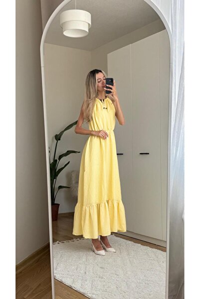 MODA Yellow Dress with Ruffle and Bead Detail