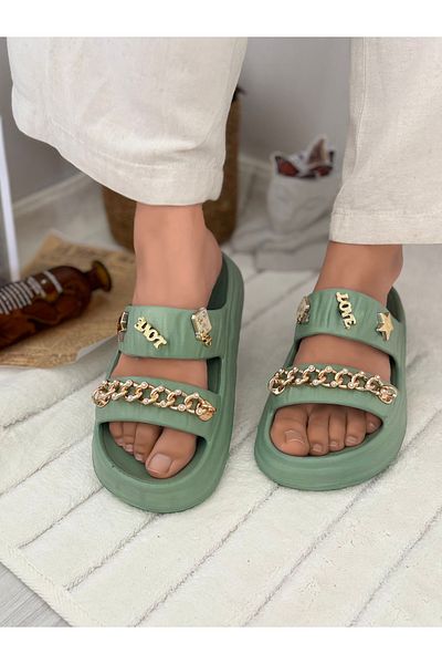 Ayakkabı Durağı Women's Green Soft Sole Stone Chain Buckle Slippers