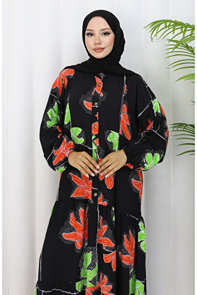 sefamerve Φόρεμα Alaçatı με μοτίβο με μισό κουμπί βισκόζης 2085-04 μαύρο πλακάκι