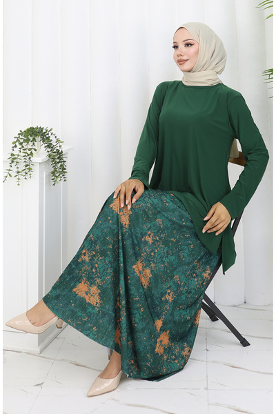 sefamerve Sandy υφασμάτινη φούστα διπλό κοστούμι 2073-03 Emerald Green