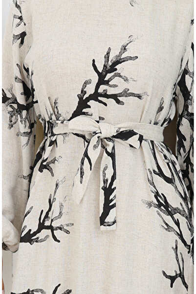 sefamerve Patterned Belted Linen Dress 2087-04 Beige Black