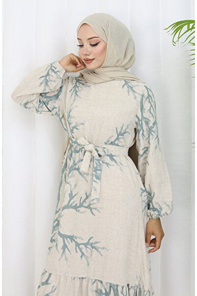 sefamerve Φόρεμα με μοτίβο λινό 2087-05 Μπεζ Çağla Πράσινο