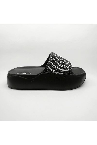 Ayakkabı Durağı Women's Pearl Accessory Banded Daily Slippers Slippers Eva Soft Orthopedic Sole Sand Black