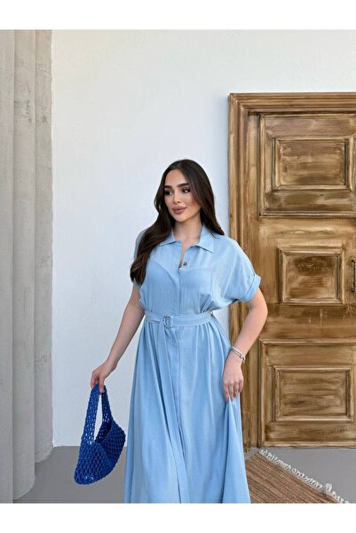 moda paketi Rochie midi din in cu curea