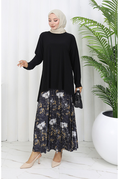 sefamerve Sandy Fabric Tunic Skirt Double Set 2073-02 Black