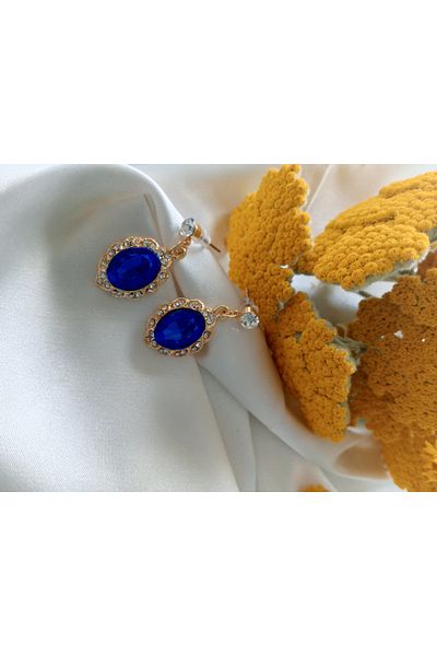 Pervin Ablacım Gold Dangle Showy Earrings Steel with Blue Stones