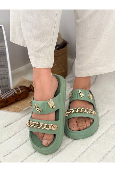 Ayakkabı Durağı Women's Green Soft Sole Stone Chain Buckle Slippers