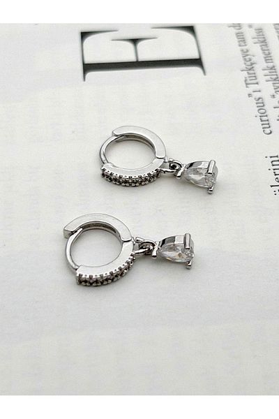 Siya Silver Zircon Stone Drop Model Single Stone Minimal Steel Earrings - 2 cm