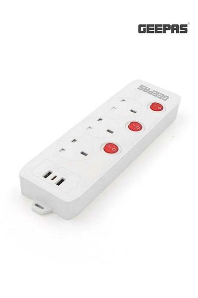 Geepas 3-Way Extension Socket with Individual Switches & 2 USB Ports – 3m Cord
