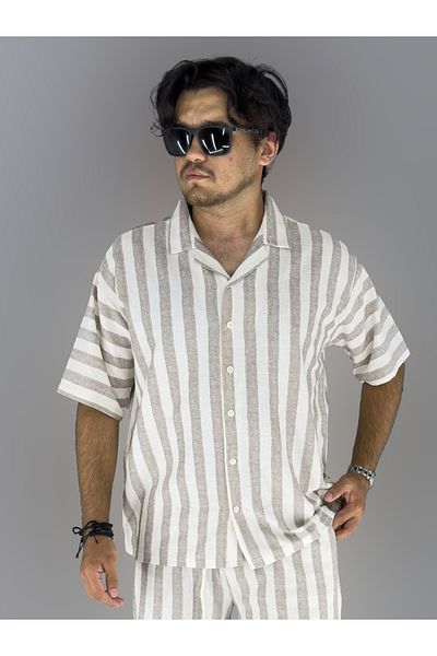MARESHAL Cotton Linen Lapel Striped Detailed Short Sleeve Shirt (Coffee)