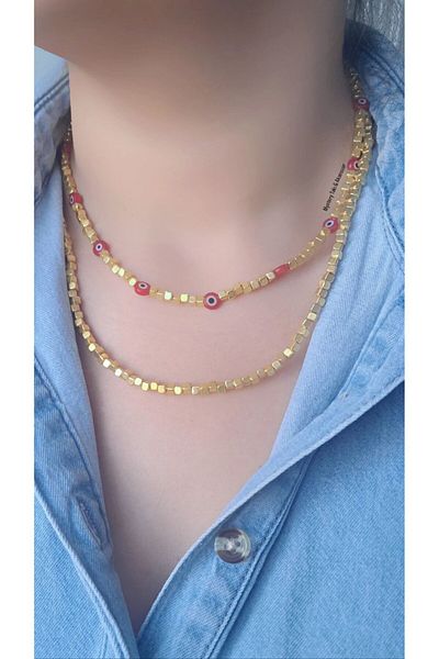 MYSTERY TAKI AKSESUAR Cube Gold Bead Charm 2-Piece Necklace