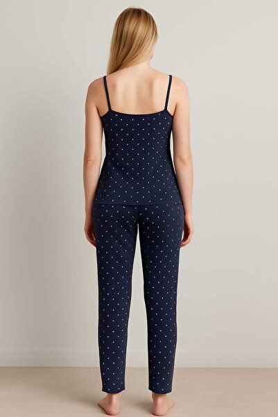 unbranded Navy Blue Polka Dot Lace Detailed Strap Long Pajama Set