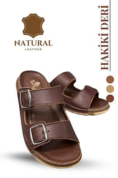 Moda Anna Sermoda Genuine Leather Men's Slippers Natural Leather Slippers t Brown