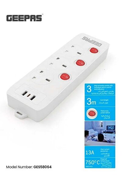 Geepas 3-Way Extension Socket with Individual Switches & 2 USB Ports – 3m Cord