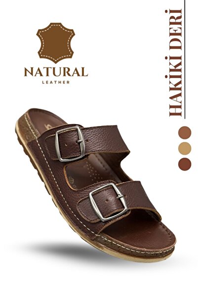 Moda Anna Sermoda Genuine Leather Men's Slippers Natural Leather Slippers t Brown