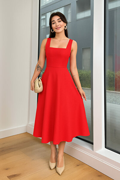 arvensolin Kadın Kare Yaka Kalın Askı Tasarım Midi Boy Kırmızı Elbise