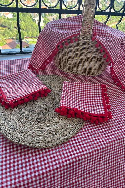 zarafet concept Red Pompom Gingham Picnic Set: Tablecloth 145*125, Basket Cover 80*30, 2 Napkins 35*35