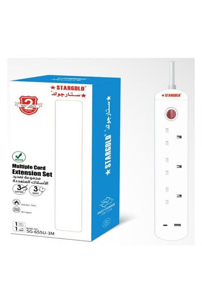 Stargold 3 Way Extension Cord with USB and Type-C Ports Overload Protection 3250W Power Capacity