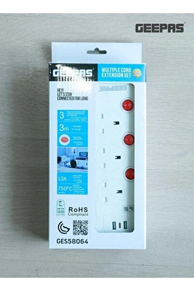 Geepas 3-Way Extension Socket with Individual Switches & 2 USB Ports – 3m Cord