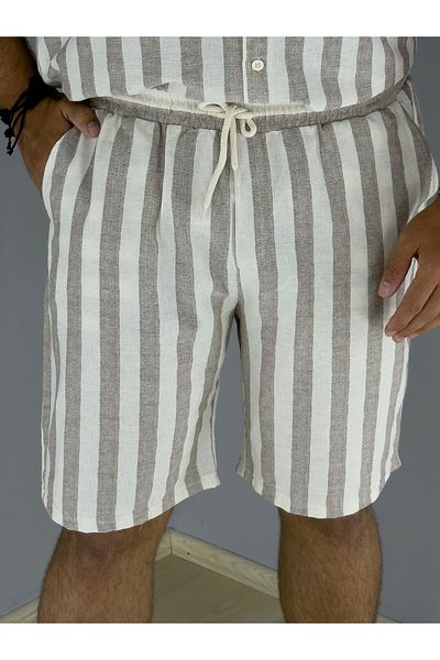 MARESHAL Cotton Linen Striped and Lace Detailed Shorts (Coffee)