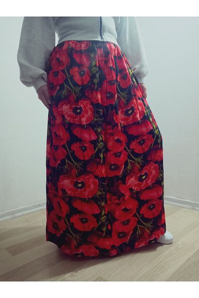 hoaryage Elastic Waist Vibrant Colorful Patterned Viscose Press Fabric Maxi Length Skirt