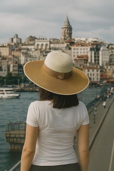 kabancım Natural Straw Wide Brim Summer Hat with Double Color Detail