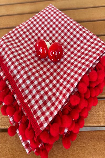 zarafet concept Pompom Series Small Checkered Pompom Tablecloth, Picnic Cover, Classic Cover