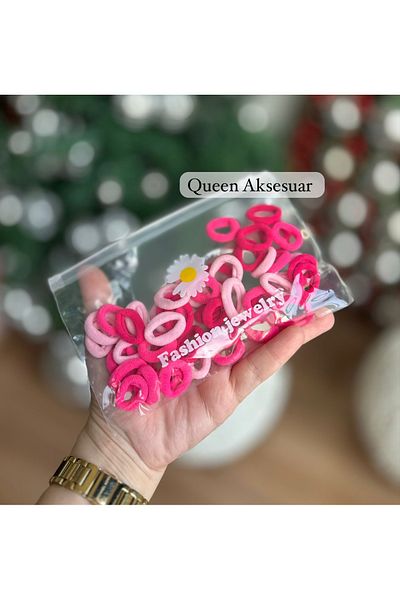 QUEEN AKSESUAR Fuchsia Light Pink Tone with Transparent Zipper Bag Tiny Small Hair Tire Bundle Towel Mesh Tire Set