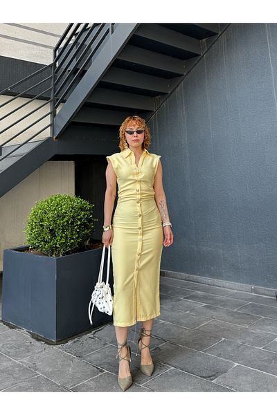 Bak'ap Premium Shirt Collar Waist Gathered Maxi Long Button Dress